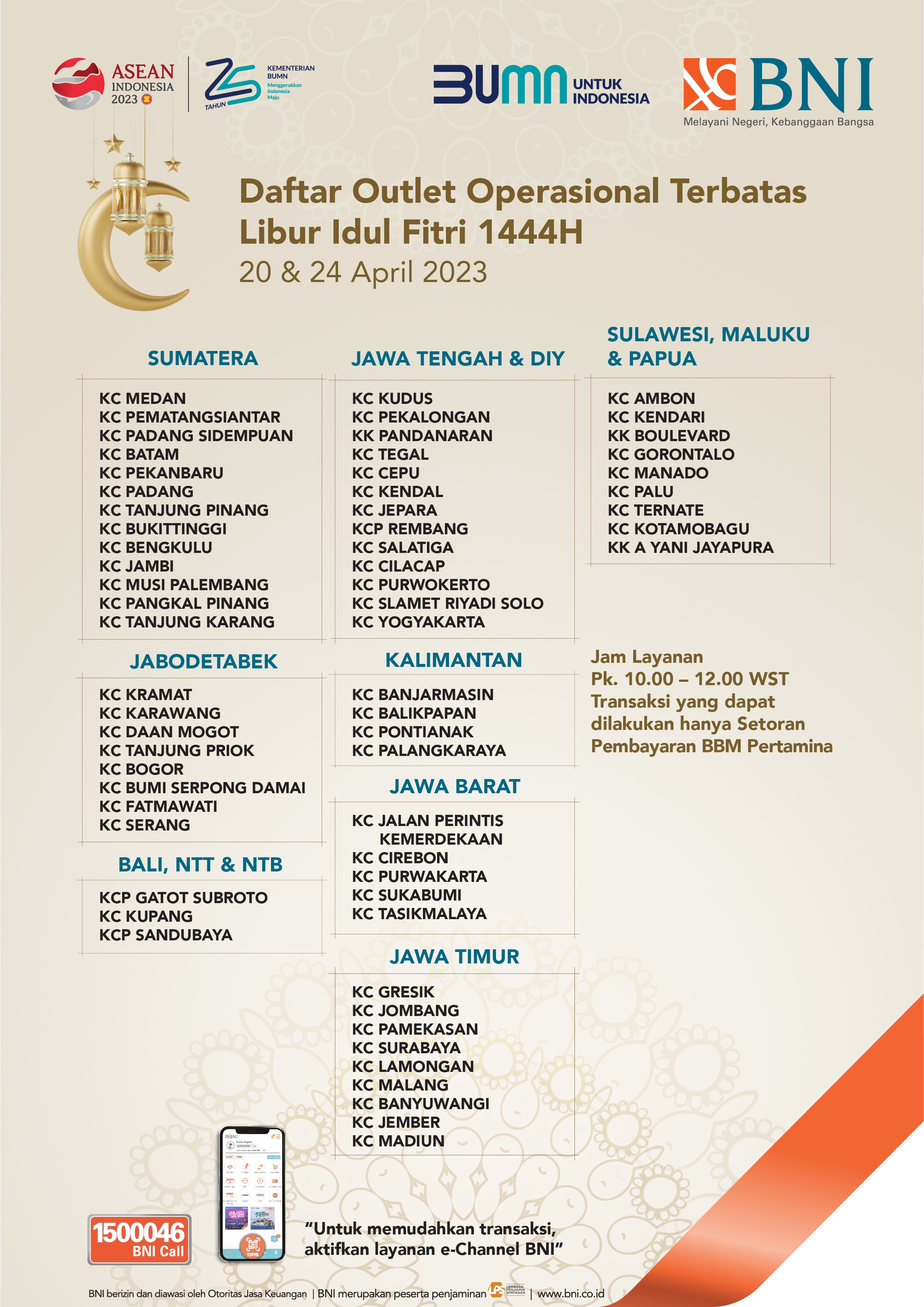 Daftar Outlet Operasional Terbatas Libur Idul Fitri 1444H - 20 dan 24 April 2023<