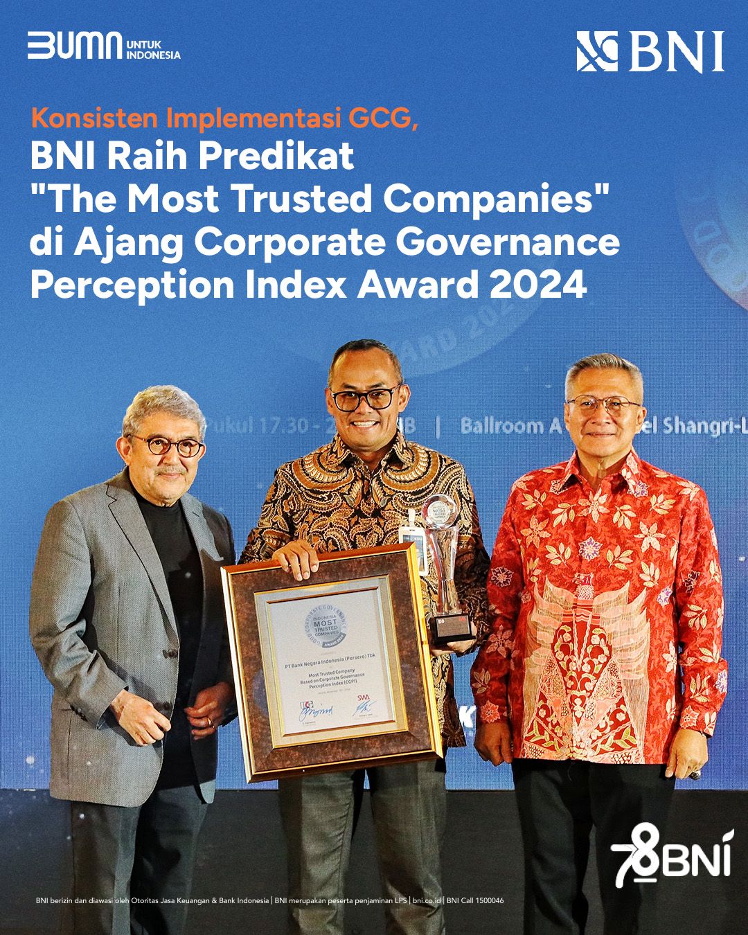 BNI Raih Predikat "The Most Trusted Companies" di Ajang Corporate Governance Perception Index Award 2024